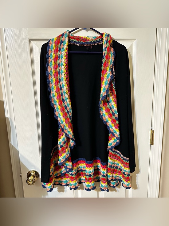 Style Sweaters - Black Open-Front Cardigan with Multicolor Crochet Trim